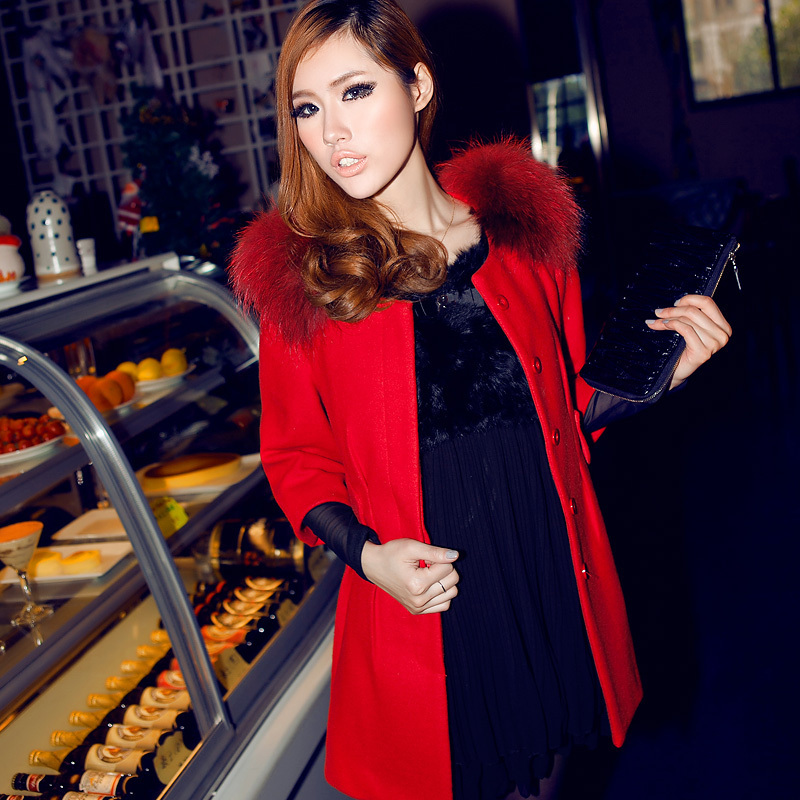 Autumn new arrival 2012 slim large fur collar wool coat medium-long wool women's trench