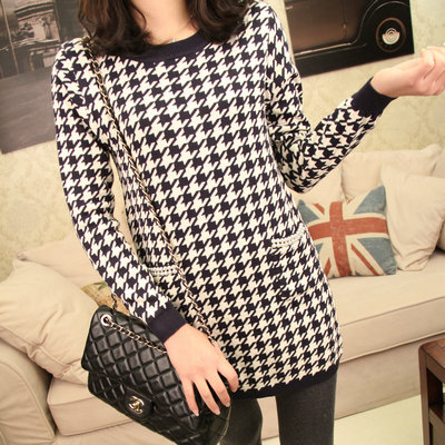 Autumn new arrival 2013 elegant small ladies o-neck long-sleeve houndstooth pearl pocket medium-long sweater