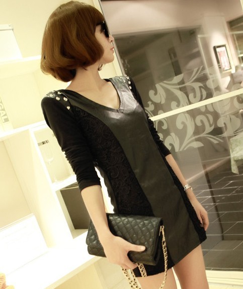Autumn new arrival fashion slim punk lace patchwork rivet long-sleeve leather one-piece dress female