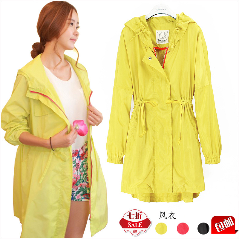 Autumn new arrival fashion trench with a hood outerwear waterproof color block zipper candy color slim waist loose