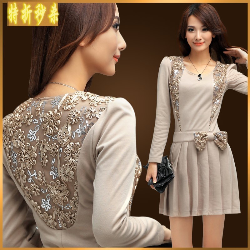 Autumn new arrival female ladies expansion skirt o-neck slim waist pleated dresses formal dress one-piece dress