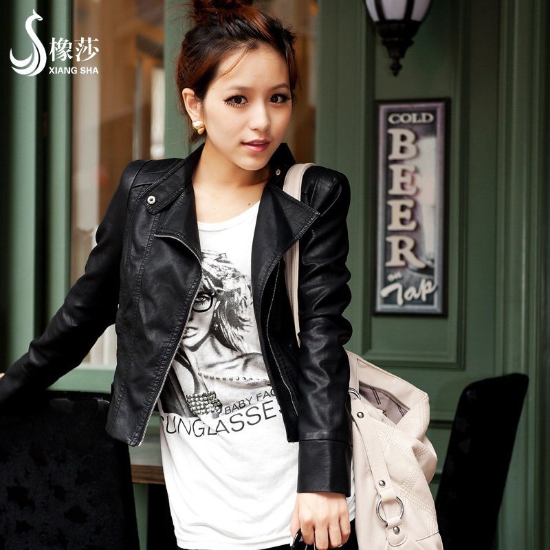 Autumn new arrival female stand collar motorcycle short design slim women's leather clothing jacket 0703