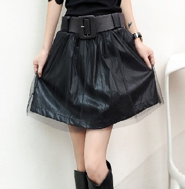 Autumn new arrival gauze patchwork women's PU bust skirt short skirt black leather puff skirt short skirt all-match