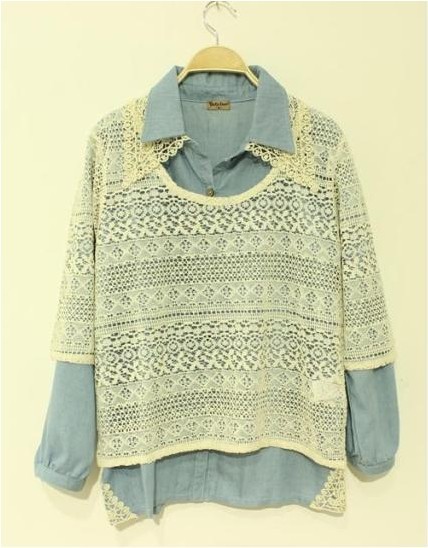 Autumn new arrival lace turn-down collar denim coat lace shirt twinset top