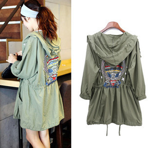 Autumn new arrival military wind drawstring with a hood outerwear back print thin loose clothes trench outerwear