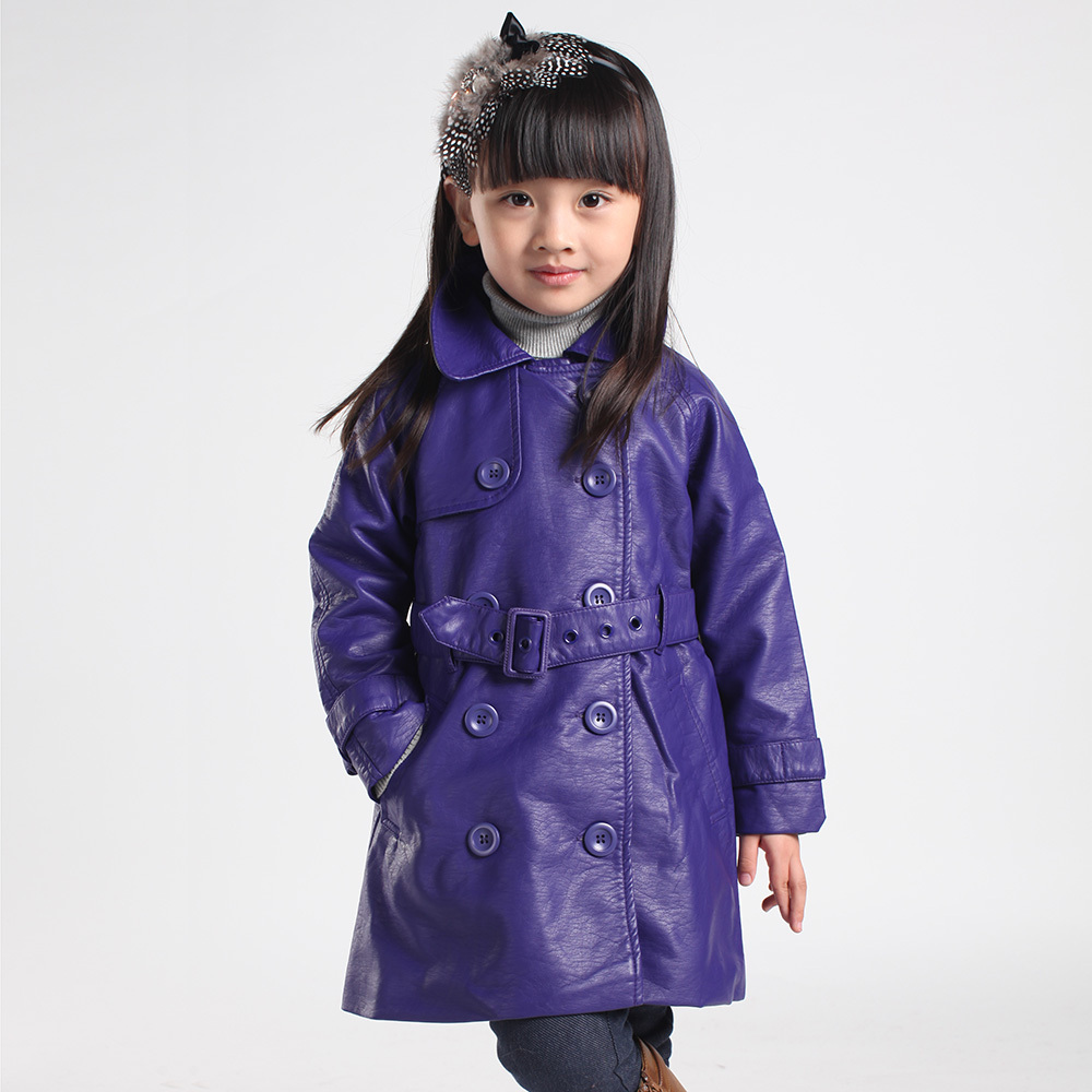 Autumn new arrival muff girls clothing child spring and autumn PU trench outerwear small overcoat