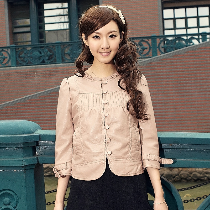 Autumn new arrival Pink o-neck slim women's leather clothing 11g3551