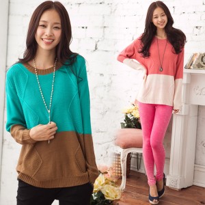 Autumn new arrival plus size clothing top loose sweater female medium-long casual sweater color block sweater