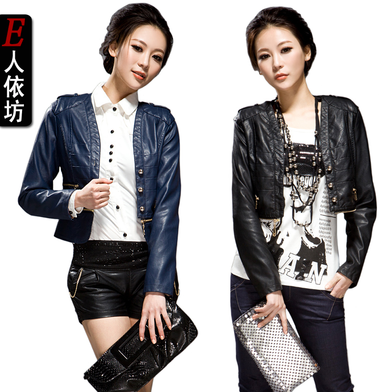Autumn new arrival short elegant outerwear slim V-neck zipper the disassemblability sweep handsome motorcycle PU clothing
