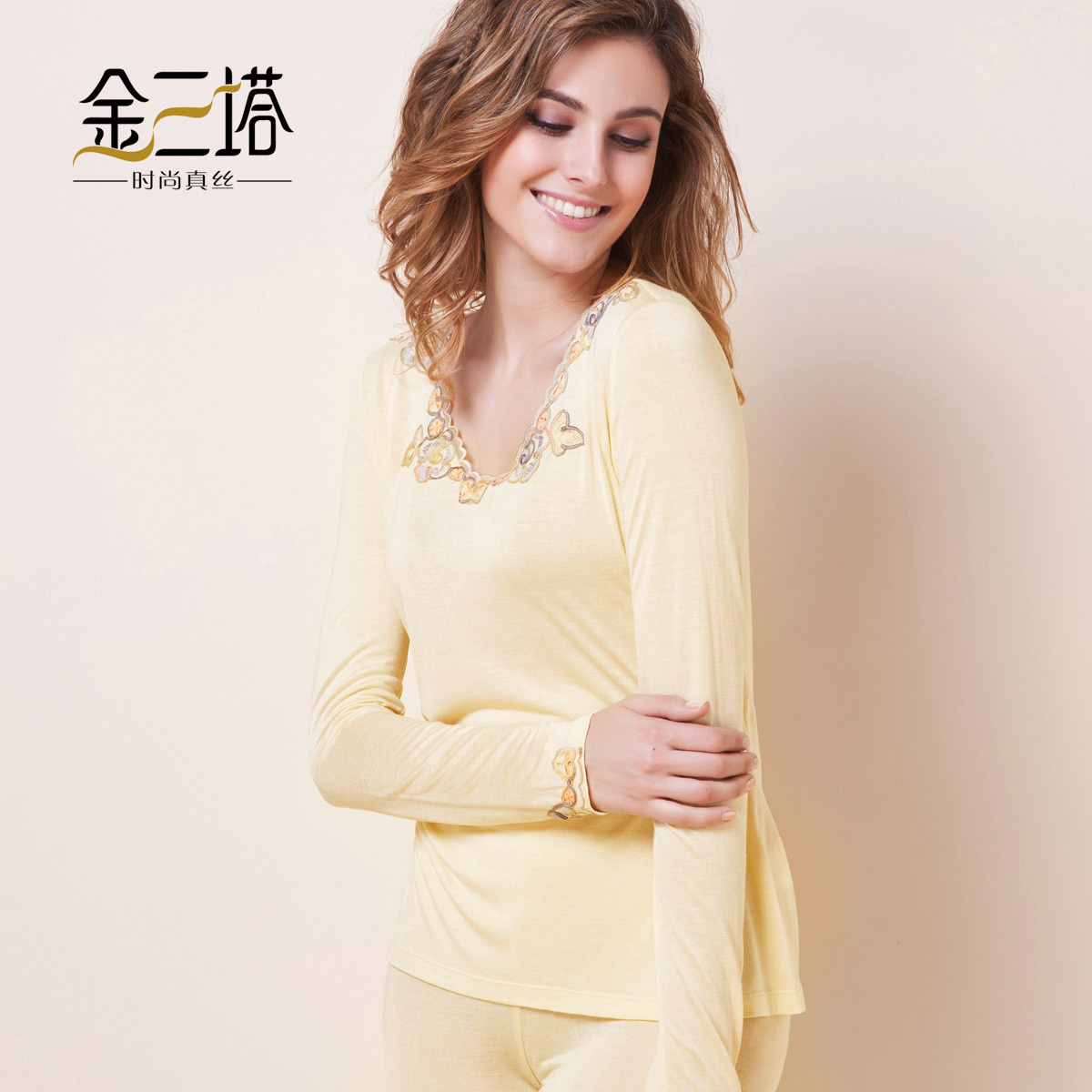 Autumn new arrival silk bamboo fibre comfortable leugth V-neck laciness women's underwear set