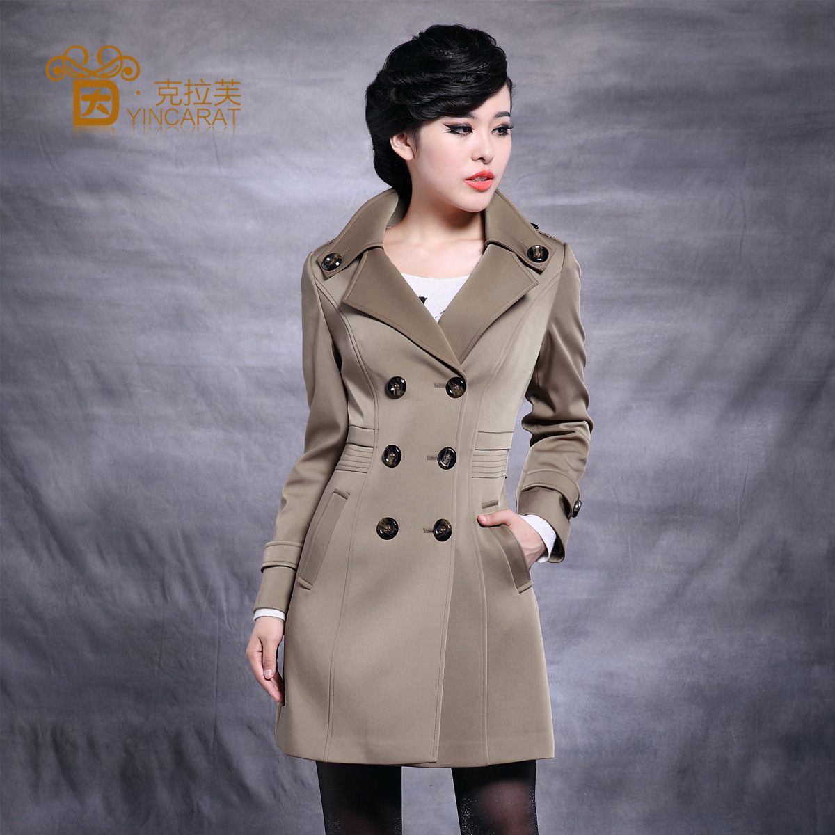 Autumn new arrival trench OL outfit solid color long design turn-down collar double breasted long-sleeve women's trench