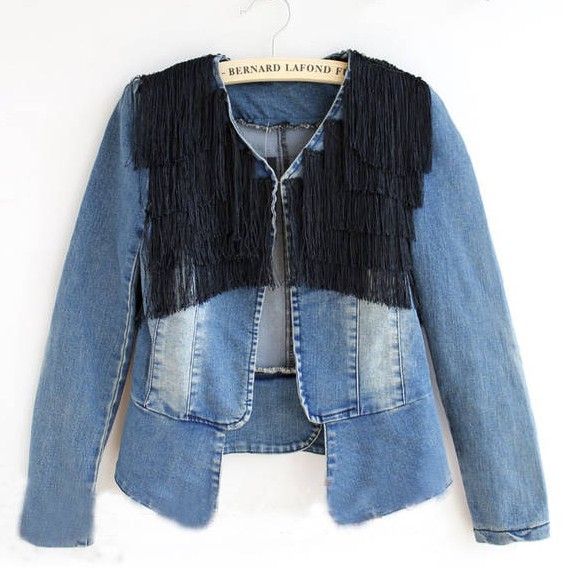 autumn new arrival women's fashion tassel vintage retro finishing slim motorcycle slim denim short design outerwear female -wjk