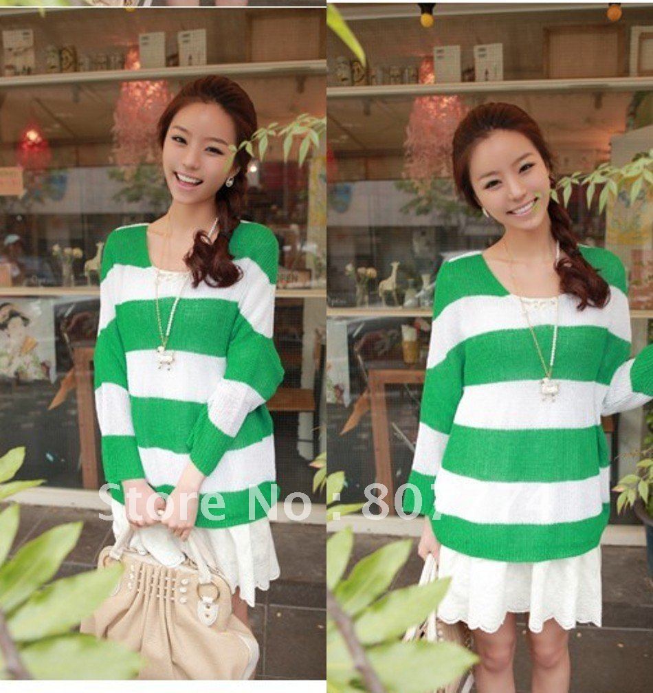 Autumn New  Women's Stripe V Neck Sweater Green Pullover Colorblock Long Sleeve Top free shopping