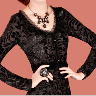 Autumn OL outfit elegant exquisite flower velvet long-sleeve dress j44 plus size available