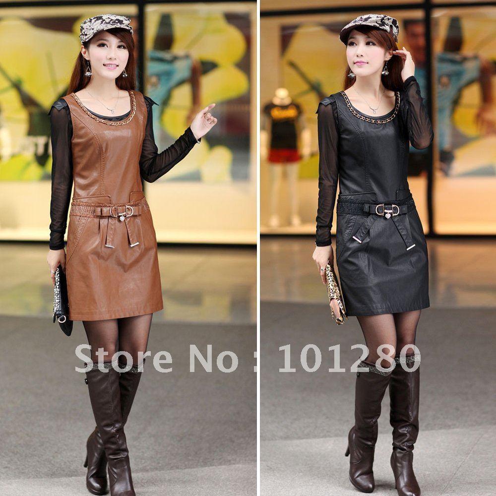 Autumn one-piece dress 2012 leather skirt PU one-piece dress slim tank dress fashion ladies short skirt