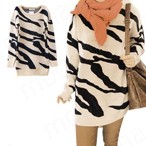 Autumn or Winter Warm Elegant OL Ladies Zebra Lines Sweater Smocks Knit Tops Dress Blouse