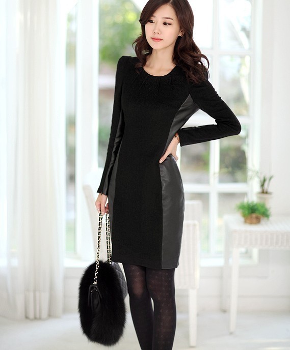 Autumn outfit large size long-sleeved dress qiu dong PU leather joining together of winter clothing