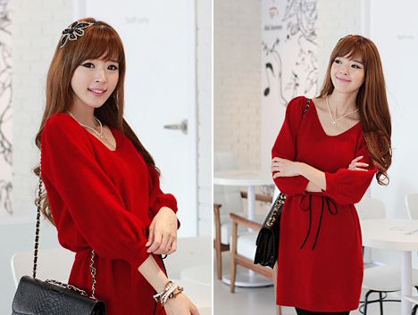 Autumn outfit new South Korea velvet v collar red joker feather backing dress