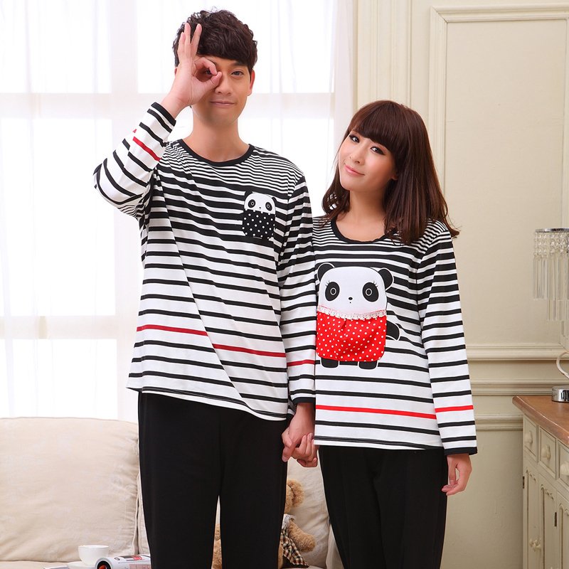 Autumn paragraph long-sleeve knitted cotton male women's lovers sleepwear casual lounge set
