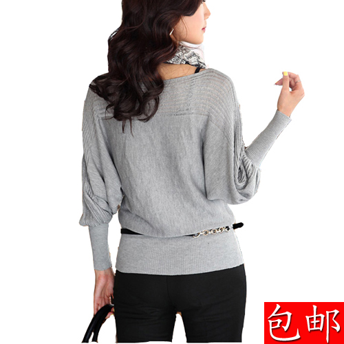 Autumn plus size clothing batwing shirt slit neckline batwing sleeve cutout sweater loose sweater long-sleeve