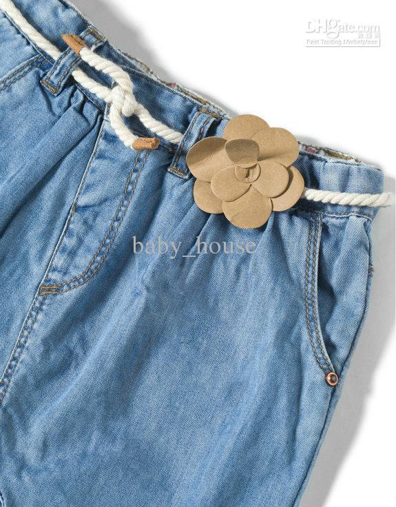 Autumn products new children's pants girls yellow pants feet jeans with flower belt(6pcs/lot)