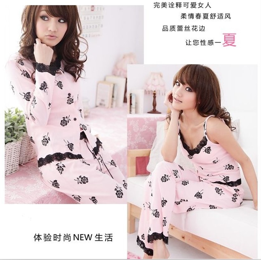 Autumn rose piece set women's plus size sleepwear mm 100% cotton long-sleeve set lounge fashion