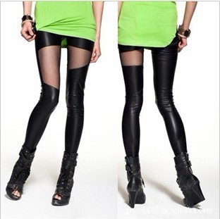 Autumn sexy gauze faux leather patchwork personality irregular ankle length trousers slim tight legging