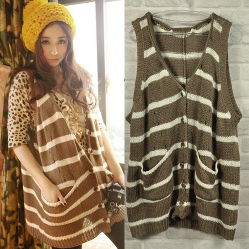 Autumn sleeveless plus size loose sweater female outerwear stripe cardigan vintage sweater vest sweater
