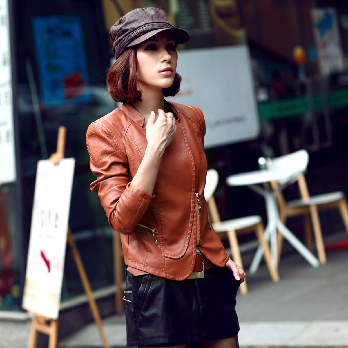 Autumn slim long-sleeve stand collar oblique zipper PU water washed leather fashion leather clothing top female short jacket