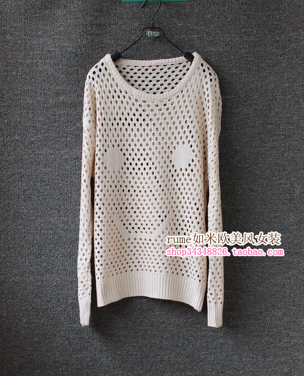 Autumn solid color brief cutout smiley pattern Women long-sleeve sweater
