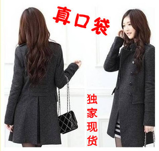 Autumn stand collar long design trench outerwear slim women's double breasted woolen overcoat