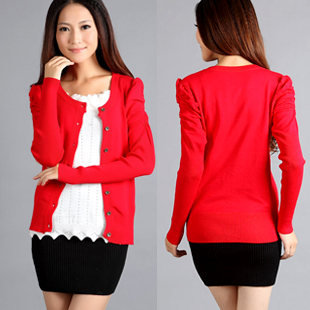Autumn sweater cardigan women's o-neck long-sleeve slim puff sleeve buckle sweater outerwear