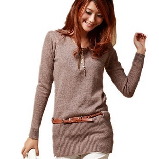 Autumn sweater women's sweater basic shirt quality rabbit hair sweater dress with belt long design sweater 6046