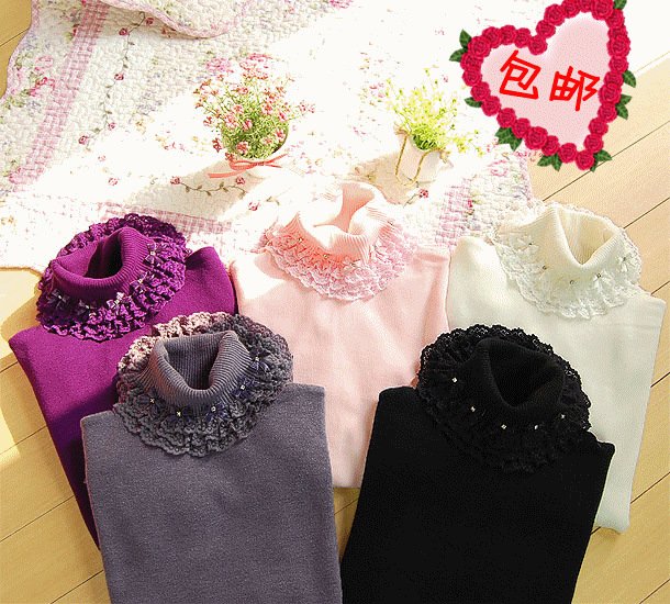 Autumn sweet lace bow rhinestone long-sleeve turn-down collar basic shirt sweater turtleneck sweater