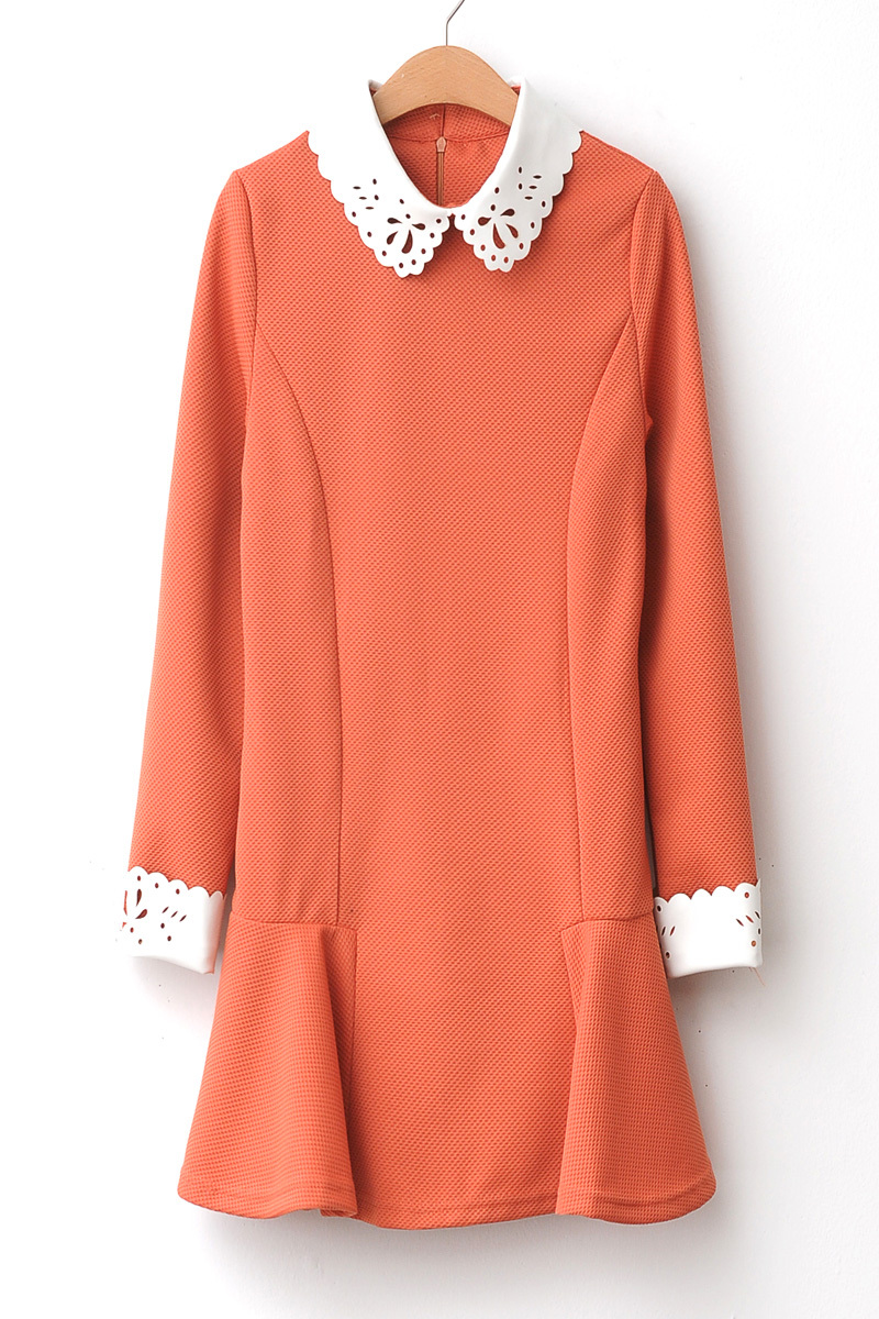 Autumn sweet princess cutout leather peter pan collar patchwork repair hive one-piece dress