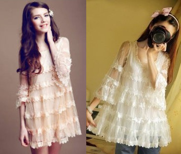 Autumn  sweet three quarter sleeve flare sleeve loose lace decoration princess dress ultra-short fairy one-piece dress 6997