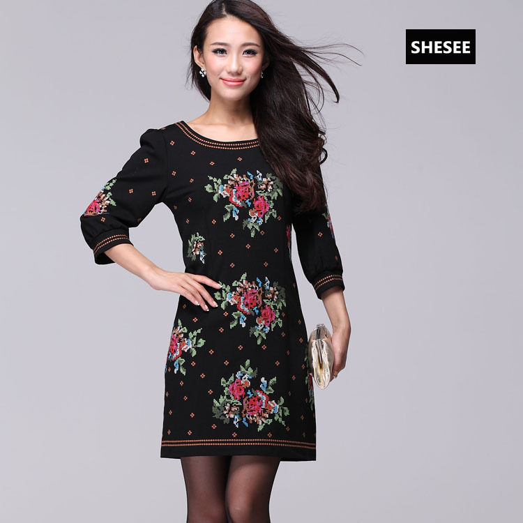 Autumn thickening cotton knitted beautiful cross stitch flower gentlewomen elegant three quarter sleeve slim one-piece dress