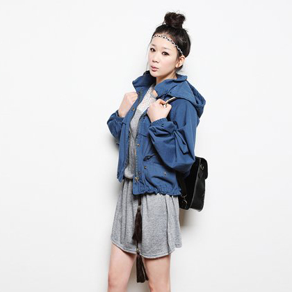 Autumn tooling street style drawstring with a hood military trench green blue women's jacket outerwear
