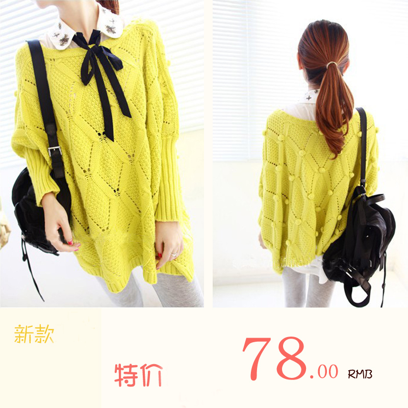 Autumn two ways batwing sleeve neon color rhombus loose sphere sweater outerwear sweater