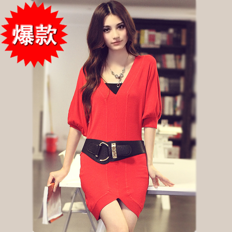Autumn V-neck slim hip sweater knit dress one-piece dress slim medium-long knitted basic shirt women's
