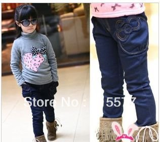autumn &winter kids fashion blue denim pants girl's cute bow jeans children bottoms 5pcs/lot Free shipping