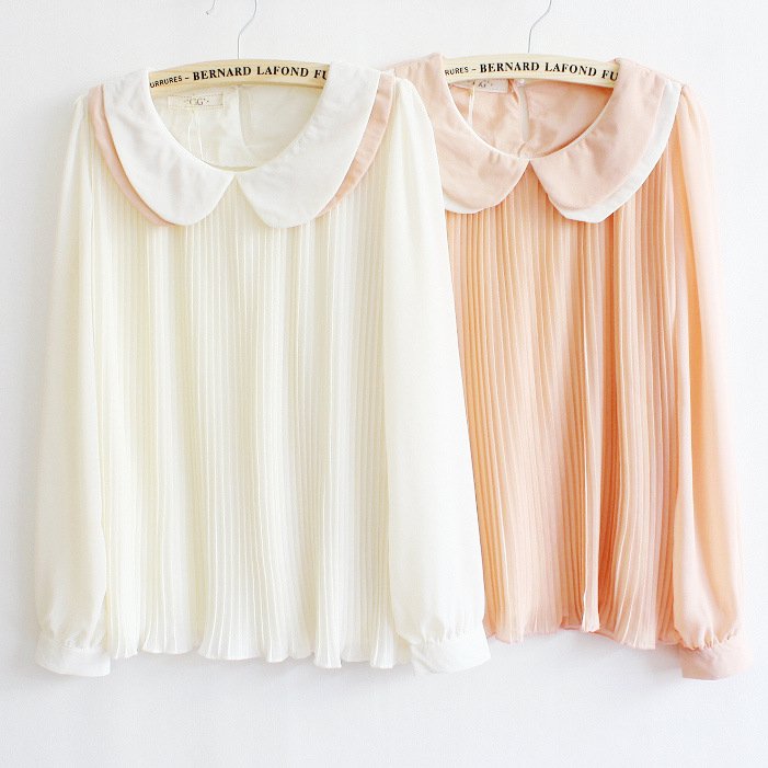 Autumn Winter new Fashion Lady doll collar leisure women Back transparent models chiffon shirt long sleeve T-shirt