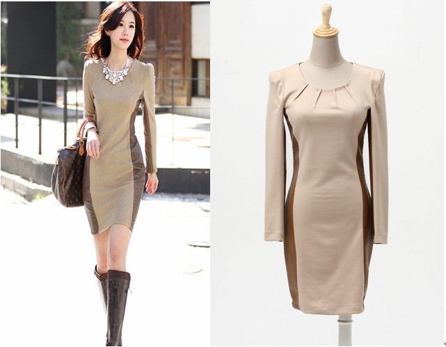 Autumn Winter New Fashion slim patchwork  Koean Style  Long Sleeve Knitwear OL Dress Free Shipping A052
