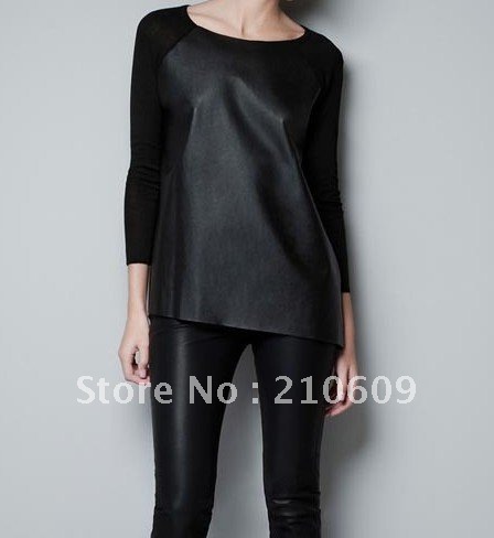 autumn&winter new PU cortex splicing o collar long sleeve knitwear