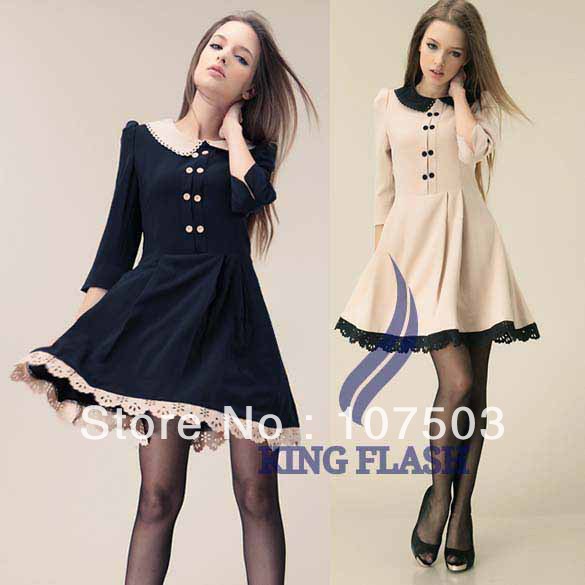 Autumn Winter Women's Dress vintage Slim Fit Doll Collar 3/4 Sleeve Pleated Princess With Belt M,L,XL Free shipping 7941