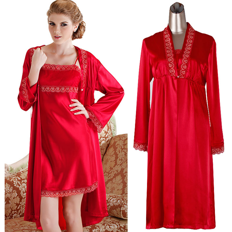 Autumn winter women's silk satin 2 piece sleepwear sexy lace spaghetti strap nightgown sleepwear robe sets solid red blue 66020