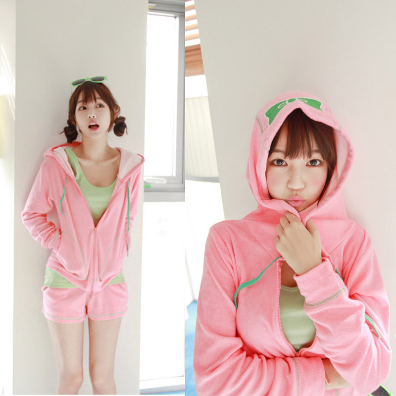 Autumn with a hood sweatshirt outerwear shorts set cute wind furry pink sweet