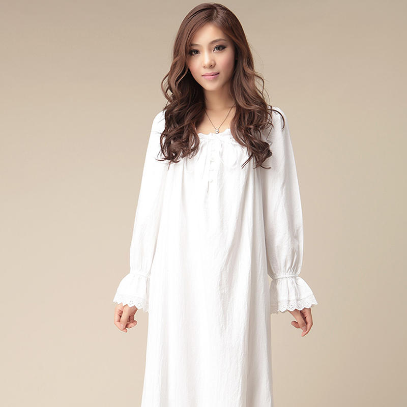 autumn Women 100% cotton long-sleeve ultra long nightgown 100% cotton fabric lounge white