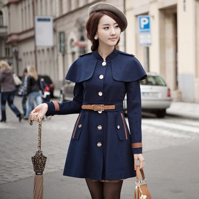 Autumn women outerwear british style Dark Blue slim trench