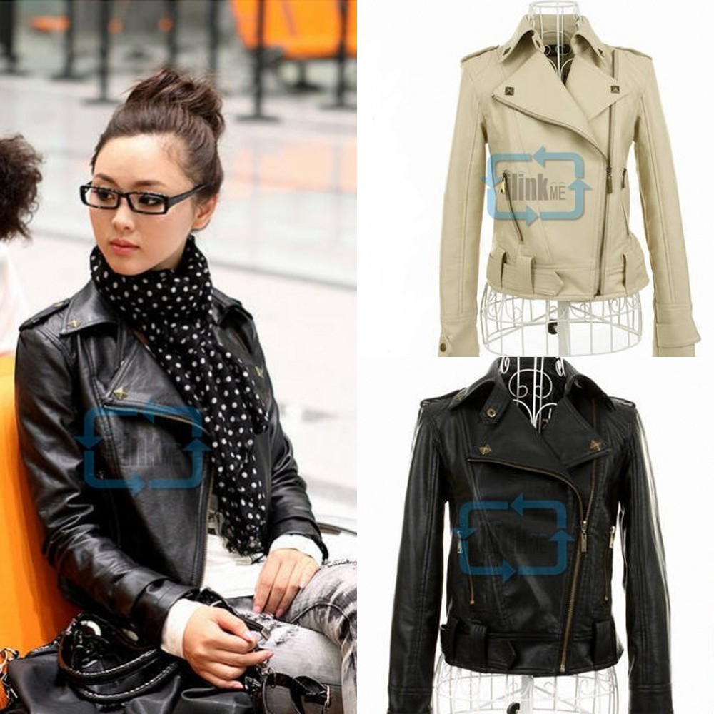 Autumn Women Rivets Lapel Slim Leather Jacket